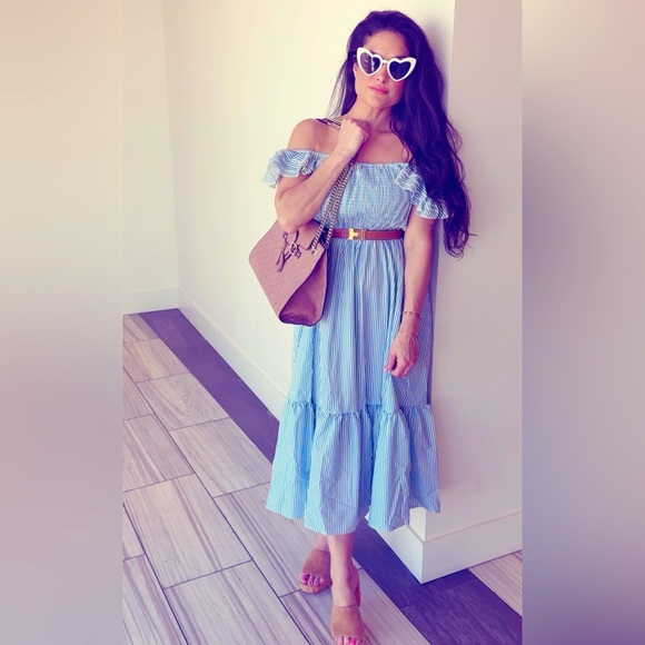 Blue and White Striped Off-Shoulder Flowey Maxi Dress Tunic - Picture 4 of 12